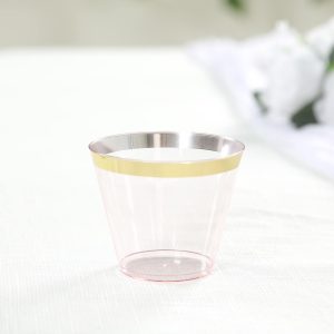25-Pack Plastic Party Cups 9oz Transparent Blush Crystal with Gold Rim - Short Disposable Drink Tumblers